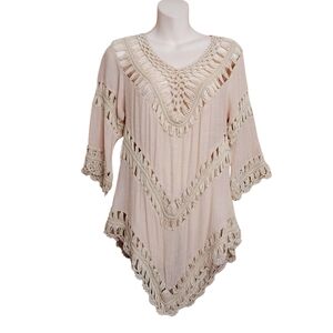 🔵BOGO FREE🔵 Hippie Boho Crochet Neutral Tunic Top Sz S/M